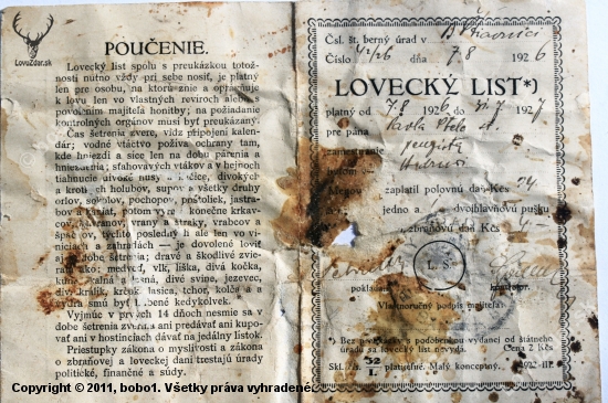 Lovecký list z r 1926  I